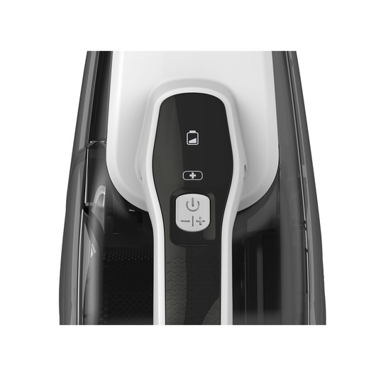 Close-up view of the control panel and power buttons on a BLACK+DECKER handheld vacuum cleaner model DVJ320JG.