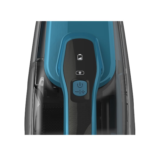 BLACKDECKER DVJ320J handheld vacuum top view showing blue power and battery indicator buttons.