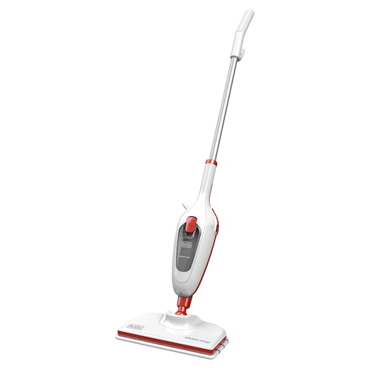 A BLACK+DECKER steam mop with a white and red body, featuring a long handle and a rectangular cleaning head, designed for efficient floor cleaning.