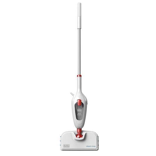 A BLACK+DECKER steam mop with a white and red design, featuring a long handle and rectangular cleaning head, shown against a plain white background.