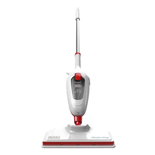 A BLACK+DECKER 5-in-1 steam mop with a white and red design, shown upright against a white background.