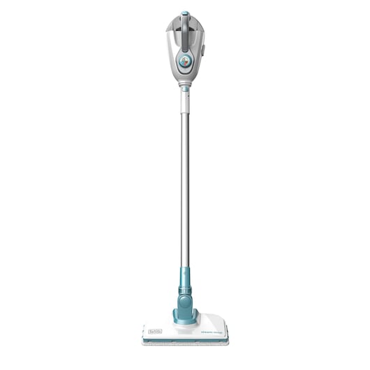 BLACKDECKER FSMH1300FX steam mop, upright view, white and blue, household cleaning tool.