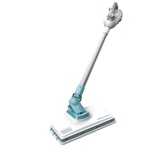 BLACKDECKER FSMH1300FX steam mop white and blue, angled view, cleaning appliance photography.
