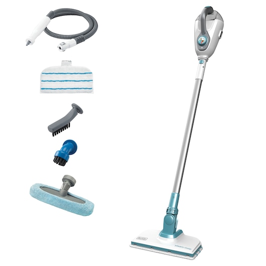 BLACK+DECKER FSMH1300FX steam mop with white and blue design, detachable handle, and cleaning accessories, front angle.