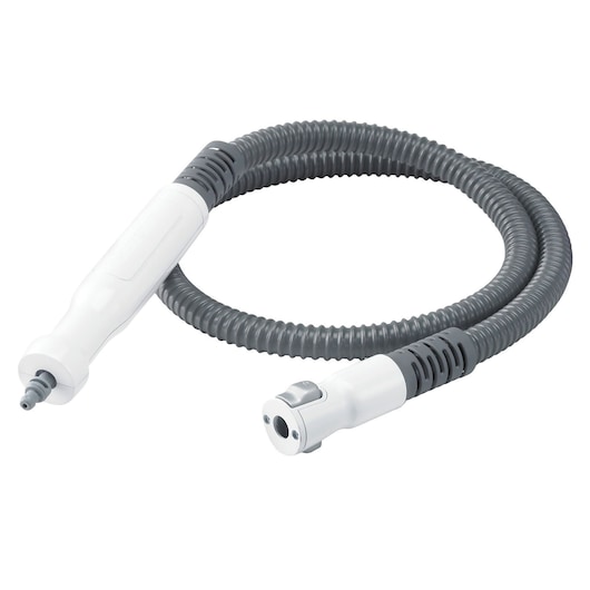 BLACK+DECKER FSMH1300FX steam cleaner flexible hose, white and gray, product photography on white background.