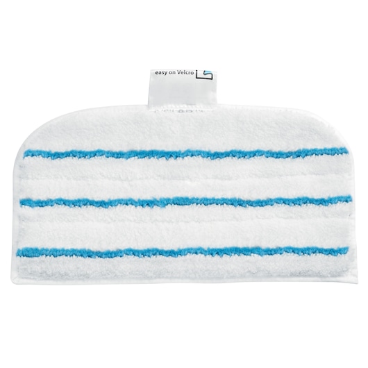A white rectangular microfiber cleaning pad with four horizontal blue stripes, designed for BLACK+DECKER steam mops. It has a tag at the top with text.