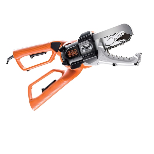 A BLACK+DECKER electric chainsaw with orange handles and a jaw-shaped cutting blade, shown against a white background.