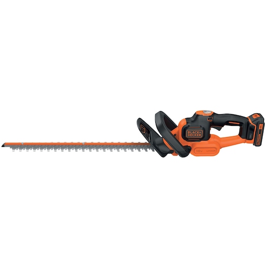 BLACK+DECKER cordless hedge trimmer with an orange and black design, featuring an 18V lithium battery and a long blade.