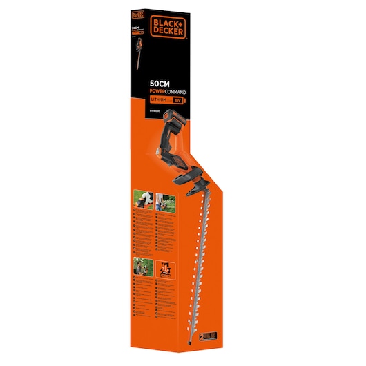 BLACK+DECKER GTC18502PC cordless hedge trimmer in orange packaging with tool illustration, front angle.