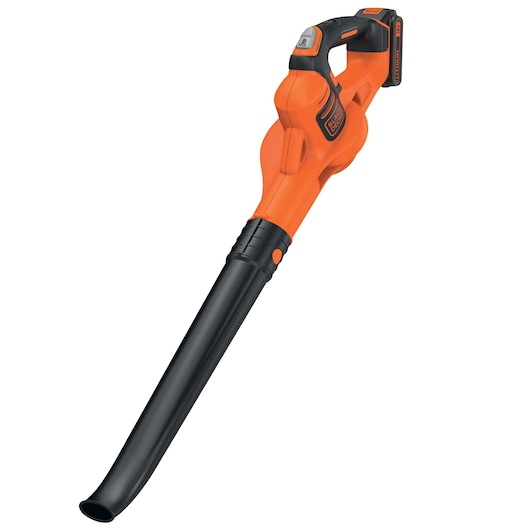 BLACKDECKER GWC1820PC cordless leaf blower, orange and black, side angle, on white background.