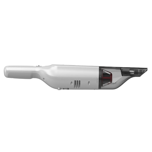 Side view of a BLACK+DECKER handheld cordless vacuum cleaner, model HLVC315J11, featuring a slim white body and a transparent dust container.