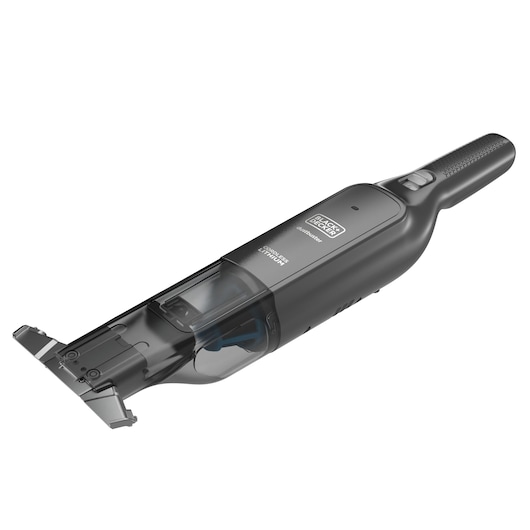 A BLACK+DECKER handheld cordless vacuum cleaner, model HLVC320J11, shown in a three-quarter view with a black and grey design and a slim profile.