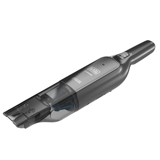 A BLACK+DECKER cordless handheld vacuum cleaner, model HLVC320J11, photographed on a white background. The device is sleek and compact with a dark grey body and a transparent dust container at the front.