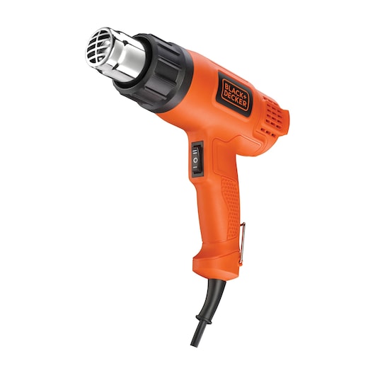 An orange BLACK+DECKER heat gun with a black nozzle, trigger, and power switch, photographed on a white background.
