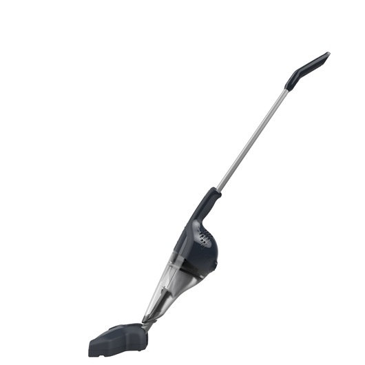 BLACKDECKER NSVA315J stick vacuum cleaner, side angle, black and gray, photography on white background.