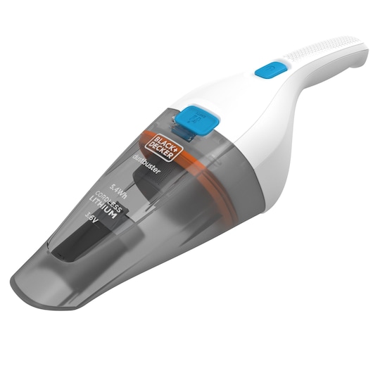 BLACK+DECKER NVC115JL handheld cordless vacuum, white and grey, front angle on white background.