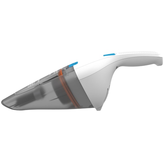 BLACKDECKER handheld vacuum NVC115JL side view with white body and translucent gray dust container.