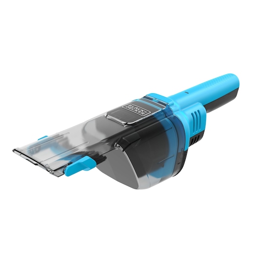 A handheld BLACK+DECKER vacuum cleaner with a blue and black design, featuring a transparent nozzle attachment.