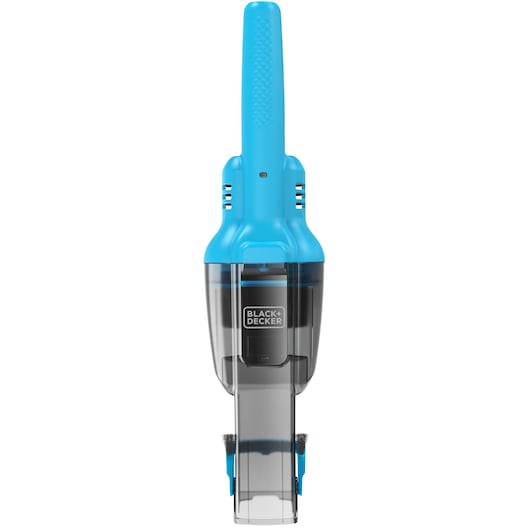Front view of a BLACK+DECKER handheld vacuum cleaner with a blue handle and transparent dust container.