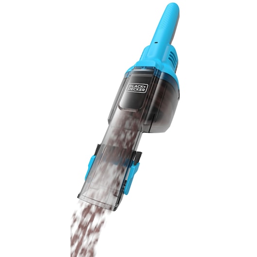BLACK+DECKER NVD215J blue handheld vacuum cleaner, side angle, emptying dust container.