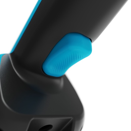Close-up photo of BLACK+DECKER NVD215J vacuum handle with blue textured grip, product angled on white background.