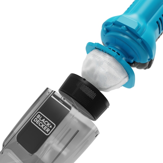 BLACK+DECKER NVD215J handheld vacuum filter and dustbin close-up on white background.