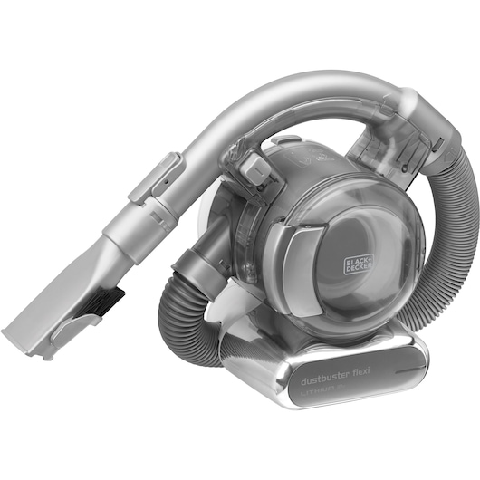 A BLACK+DECKER Dustbuster Flexi lithium 18V handheld vacuum cleaner with a flexible hose and brush attachment, shown on a white background.