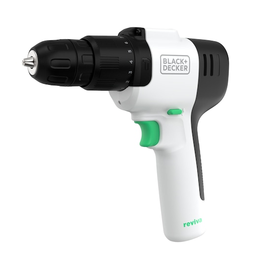 BLACK+DECKER REVHD12C cordless drill with white and black body, green accents, side angle on white background.
