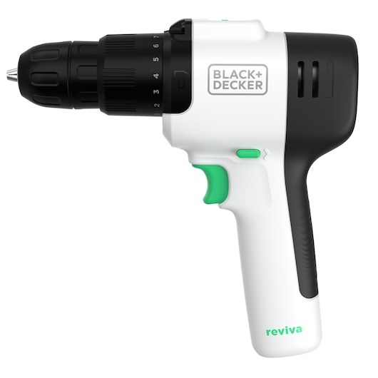 BLACK+DECKER REVHD12C cordless drill, white and black, left side angle, green trigger and logo detail.