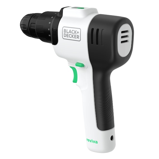 Photo of BLACK+DECKER REVHD12C cordless drill with black and white body, green accents, side angle on white background.