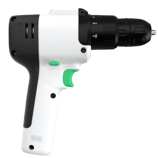 BLACKDECKER REVHD12C cordless drill with white and black body, green trigger, side view, photography.
