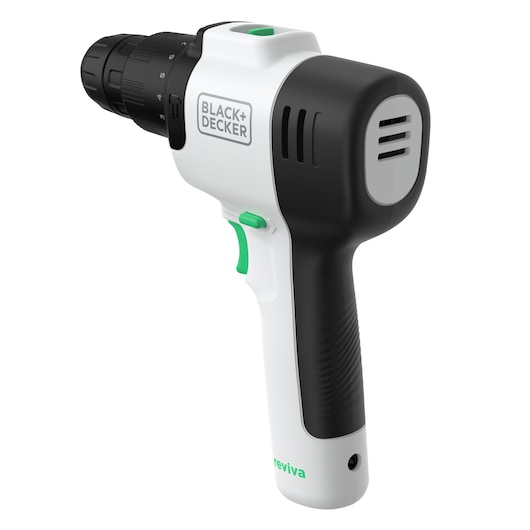 BLACK+DECKER REVHD12C cordless drill, white and black, side angle, green buttons, white background.