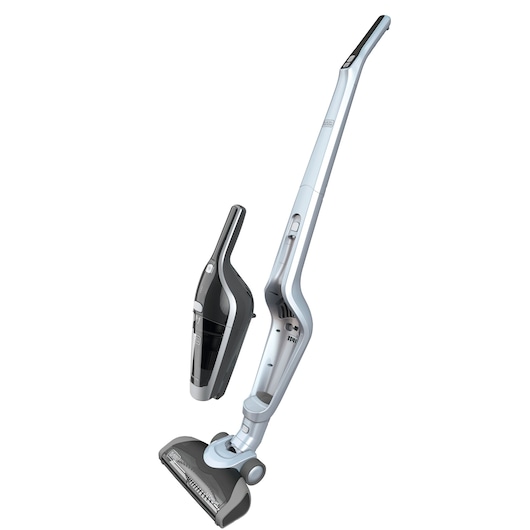 A BLACK+DECKER cordless 2-in-1 stick vacuum cleaner with a detachable handheld unit, shown in light grey and black.