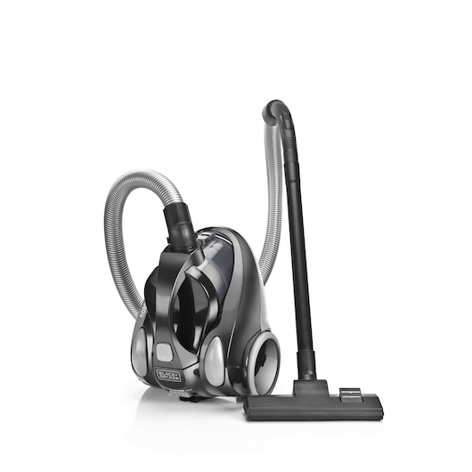 BLACKDECKER VM1450 vacuum cleaner, black and grey, side angle on white background.