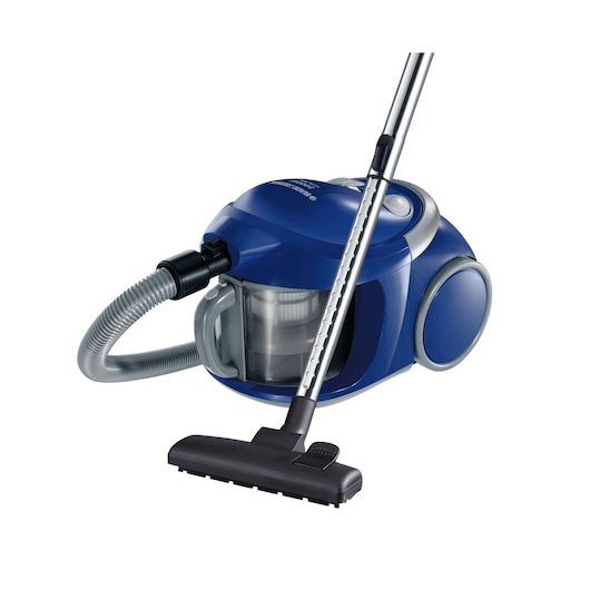 A blue BLACK+DECKER canister vacuum cleaner with a transparent dust container, flexible hose, and a metal telescopic tube attached to a black floor nozzle.