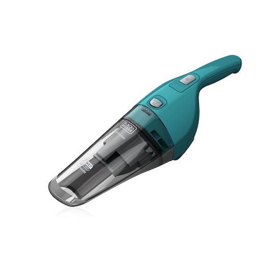 BLACKDECKER WDB115WA turquoise handheld vacuum cleaner, side angle, transparent dust chamber.