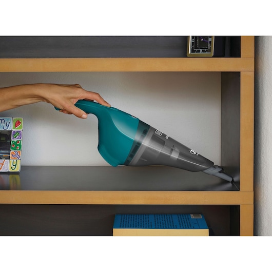 BLACKDECKER WDB115WA handheld vacuum cleaning shelf, teal and gray body, photography side angle