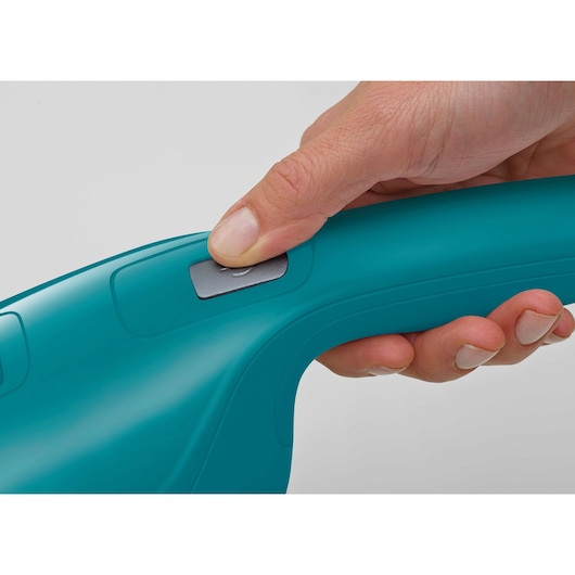 BLACKDECKER WDB115WA handheld vacuum handle with power button, closeup photo.