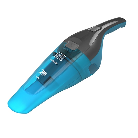 BLACK+DECKER WDC215WA handheld wet/dry vacuum, blue and black, side view, photography on white background.